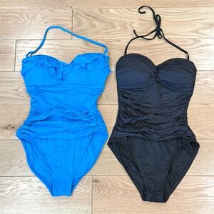 Lot Of 2 La Blanca Ruched Halter Top One Piece Swimsuits Size 6 Black & Blue